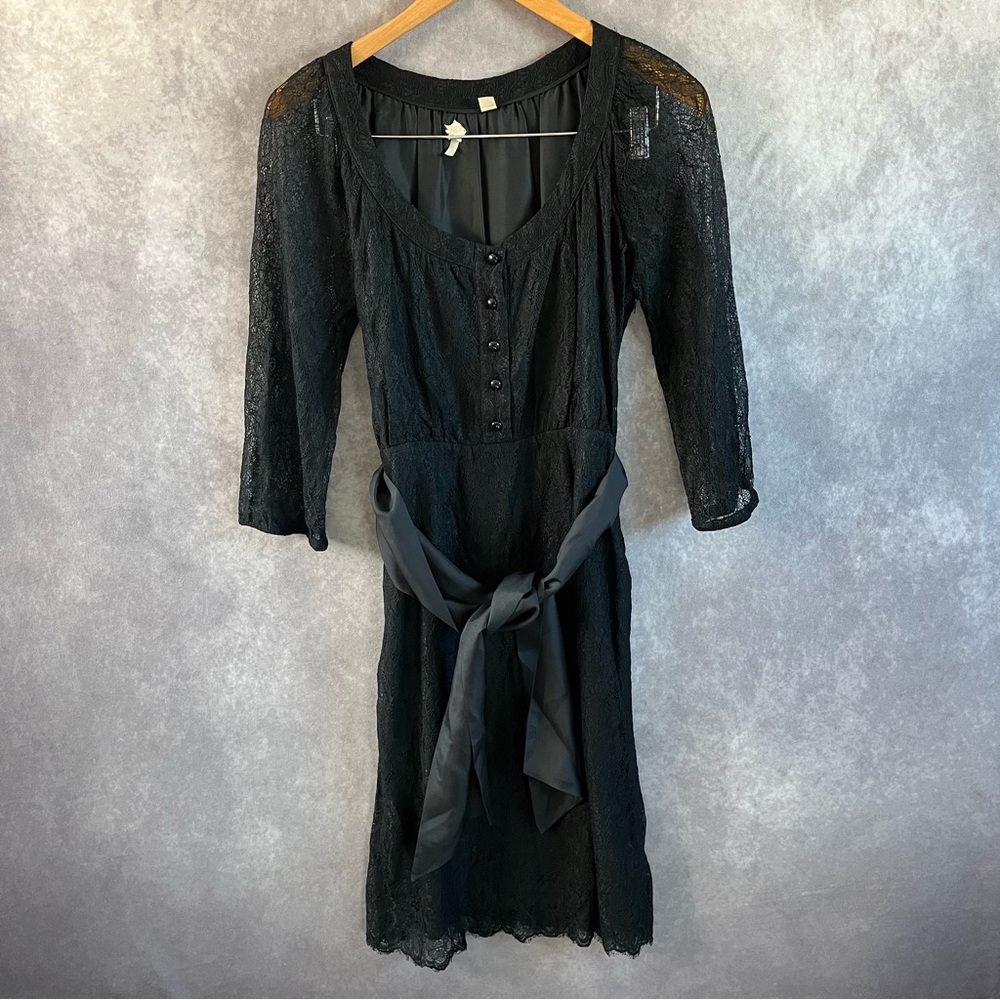 Maeve Anthropogie Dress Womens 4 Black Lace Lined Button Long Sleeve w/ Tie Belt